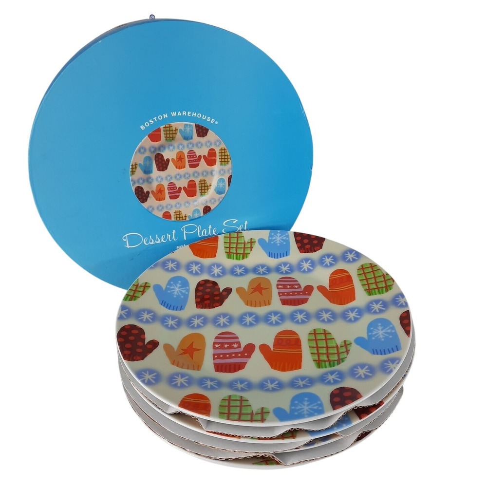 Boston Warehouse Dessert Plate Set of 4 Colorful Mittens Holiday 2006